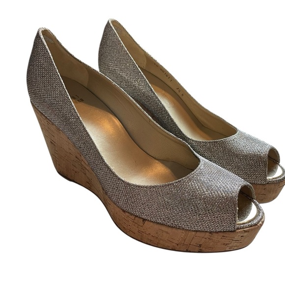 Stuart Weitzman Cork Wedge Peep Toe Glitter Heels 7.5 - Picture 7 of 13